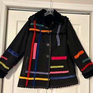 ZUKI Sz M/L Black Sheared Beaver w/Suede & Abstract Design Reversible Coat Jkt